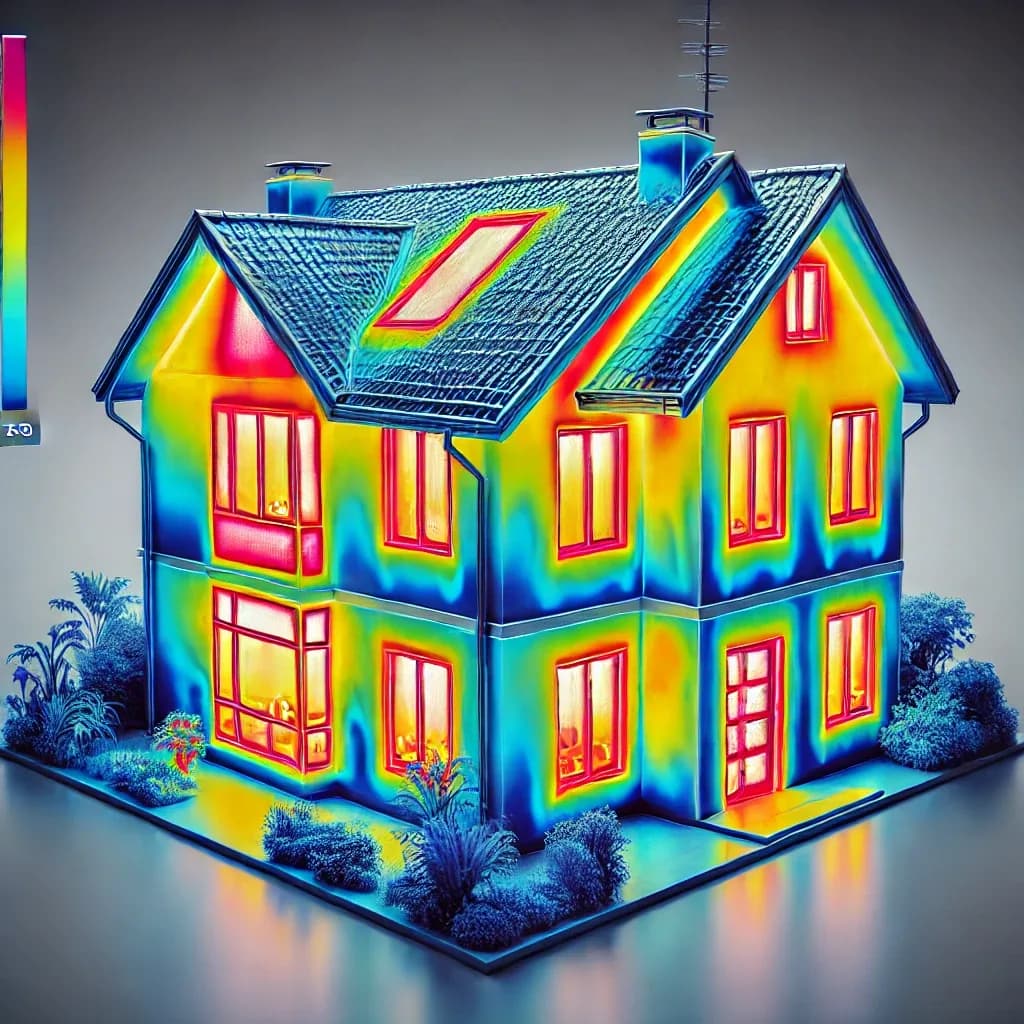 Thermographie d'une maison faisant apparaître en rouge et jaune les zones de déperdition de chaleur