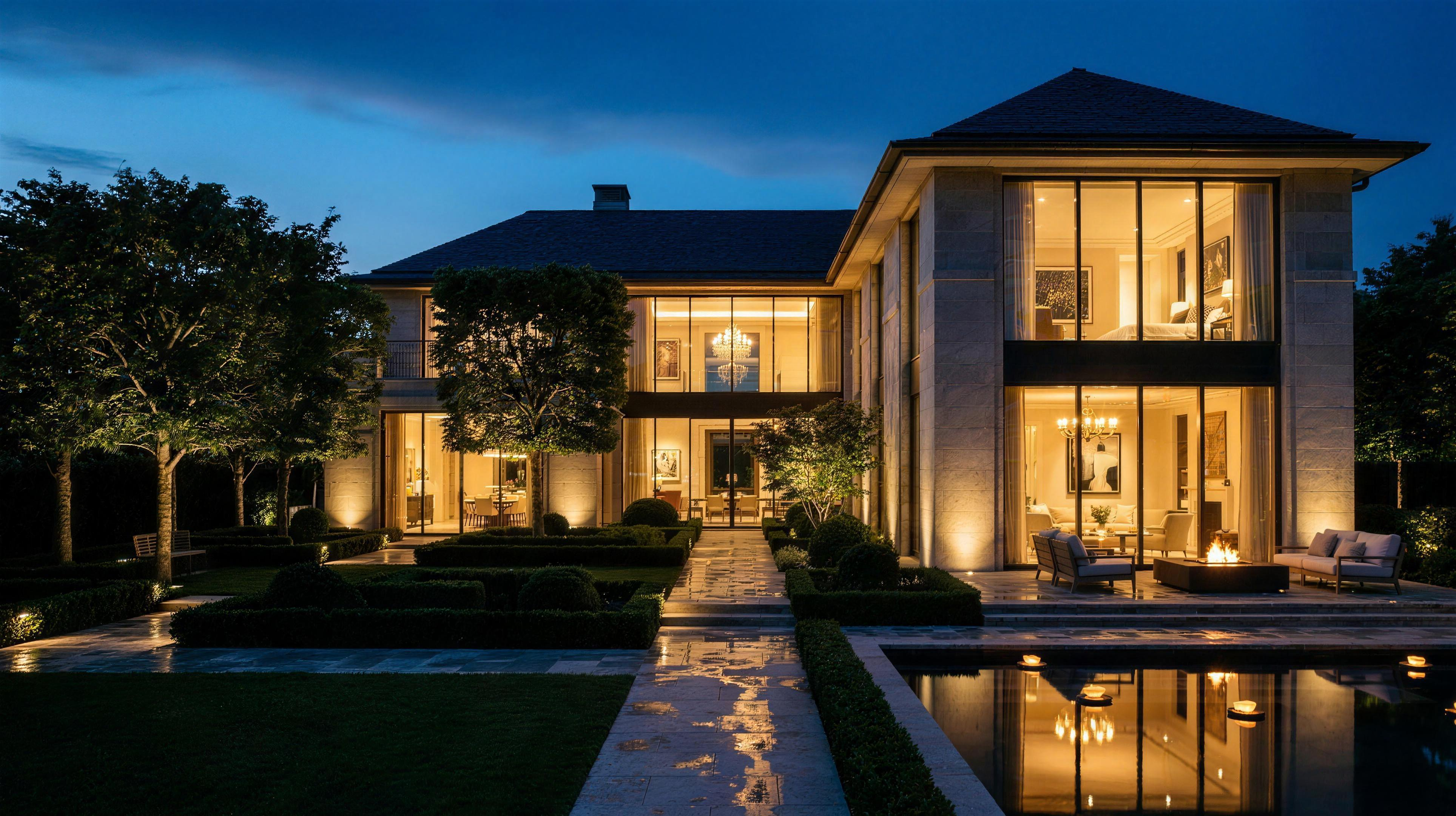 Villa d'architecte moderne illuminée à la tombée de la nuit
