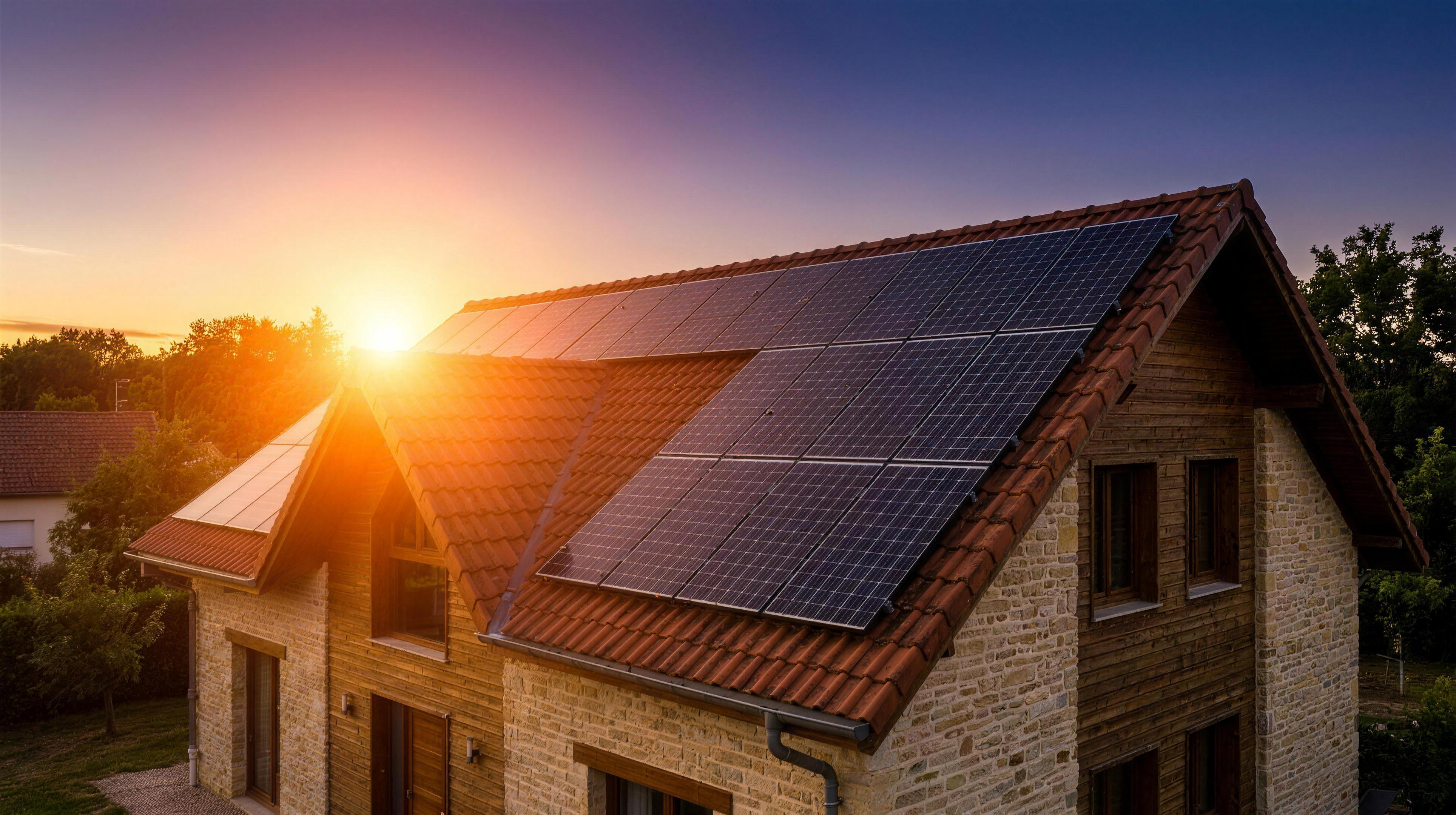 Panneaux solaires installés sur un toit au coucher du soleil